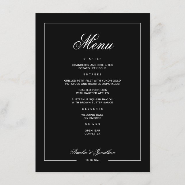 Elegant Svart Mörk Romantisk Vinterbröllop Meny (Framsida)