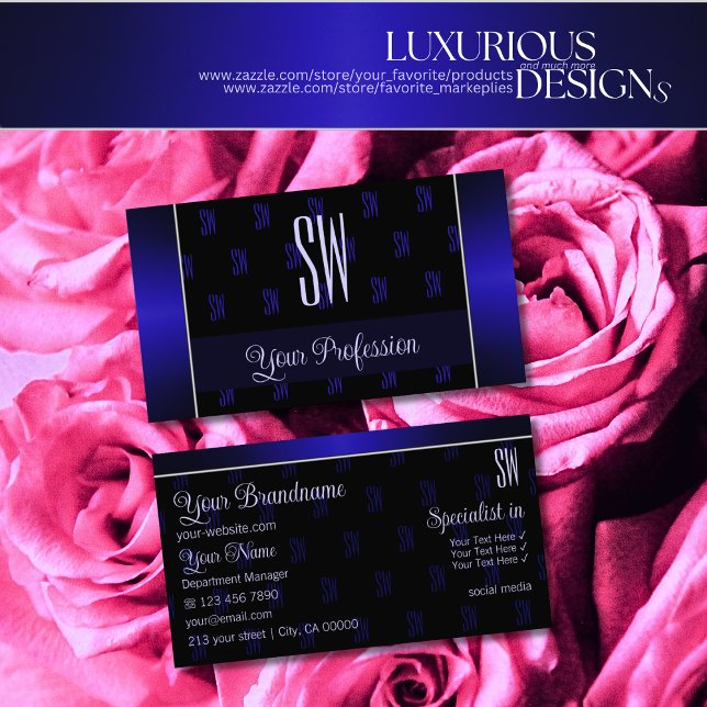 Elegant svart och blå med Initialer Professionell Visitkort (Skapare uppladdad)