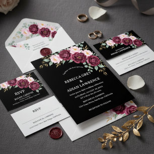 Elegant svart och burgunder rosa blomsterbröllop inbjudningar