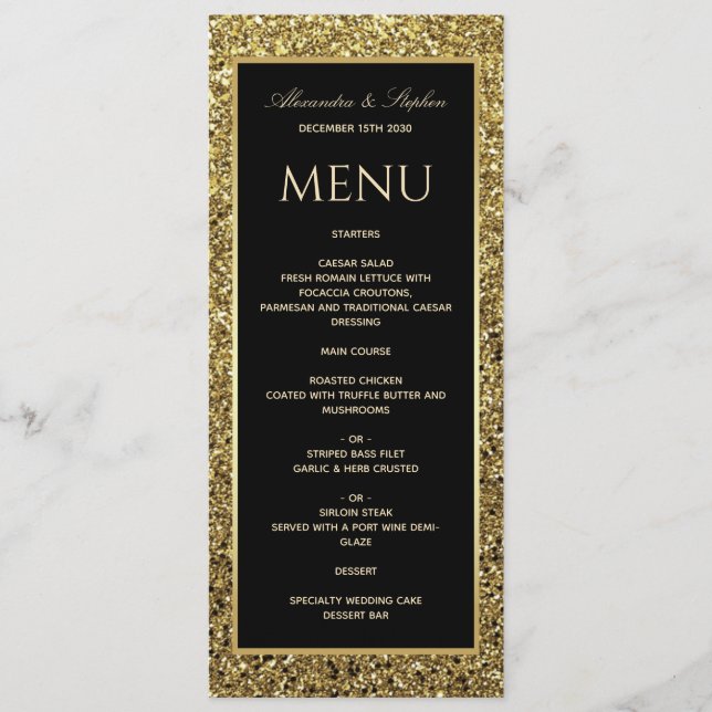 Elegant svart och glitter guld bröllop meny (Framsida)