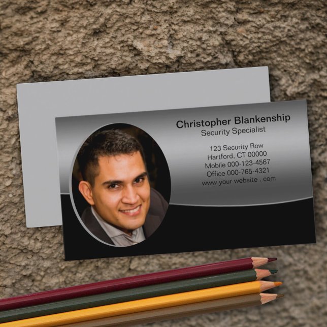 Elegant svart och grått vågmönster professionell f visitkort (business card custom photo front template blank back)