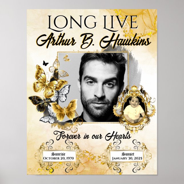 Elegant Svart och Guld 2 Bilder Begravning Minness Poster (Framsidan)