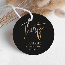 Elegant svart och guld 30-års födelsedagsinbjudan gåvor etiketter