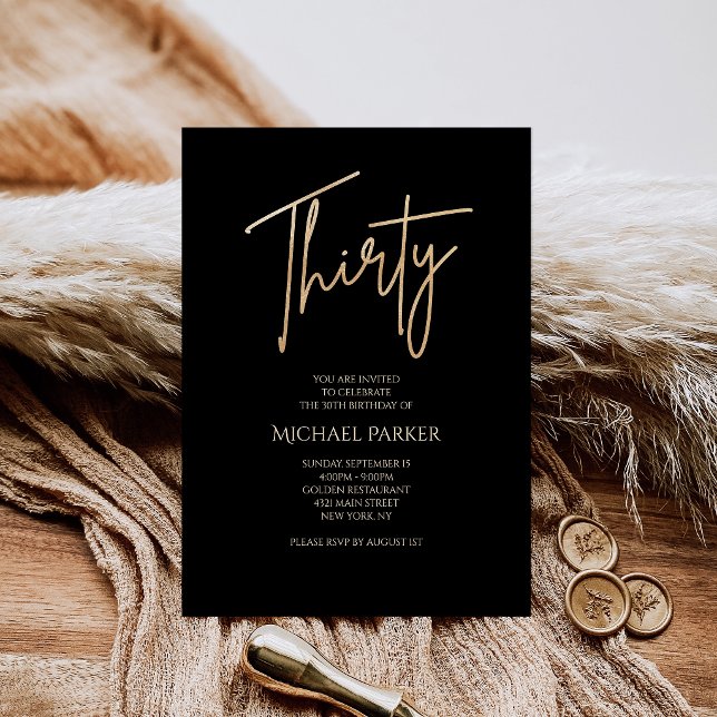 Elegant svart och guld 30-års födelsedagsinbjudan inbjudningar (Elegant Black and Gold 30th Birthday Party Invitation)