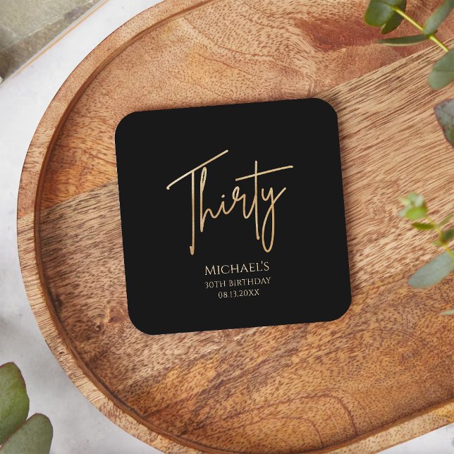 Elegant svart och guld 30-årsfest  underlägg papper kvadrat (Elegant Black and Gold 30th Birthday Party Square Paper Coaster)