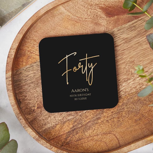 Elegant svart och guld 40-årsfest  underlägg papper kvadrat (Elegant Black and Gold 40th Birthday Party Square Paper Coaster)