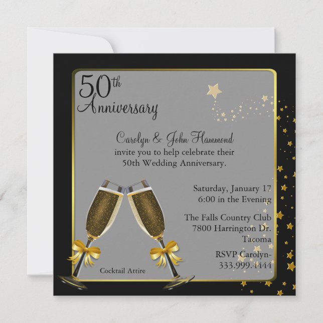 Elegant svart och guld 50-års bröllopsdag inbjudningar (Framsida)