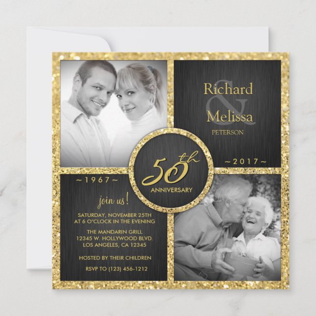 Elegant svart och guld 50-års bröllopsjubileum inbjudningar (Framsida)