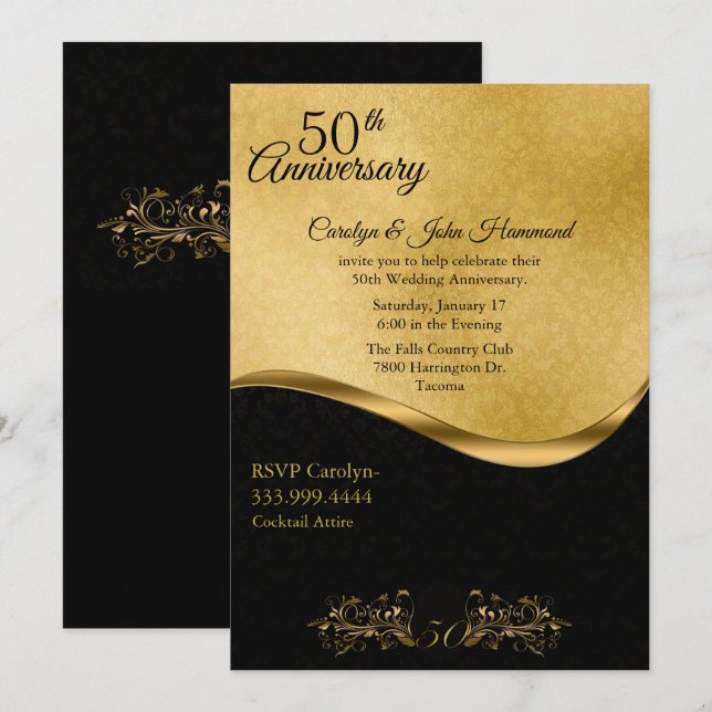 Elegant svart och guld 50-års bröllopsjubileum inbjudningar (Fram/baksida)