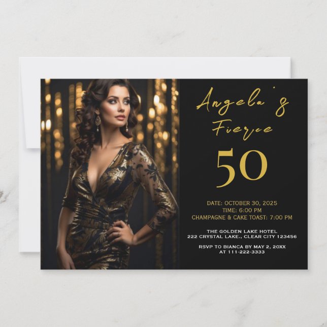 Elegant svart och guld 50-års inbjudan (Framsida)