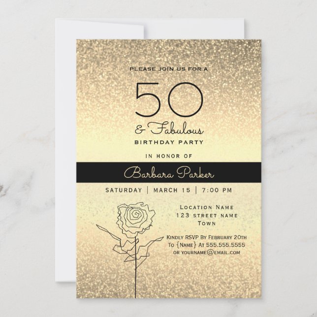 Elegant svart och guld 50-årsdag inbjudningar (Framsida)