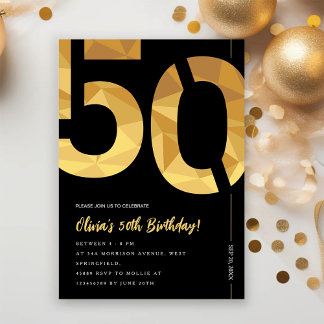 Elegant svart och guld 50-årsfest inbjudningar