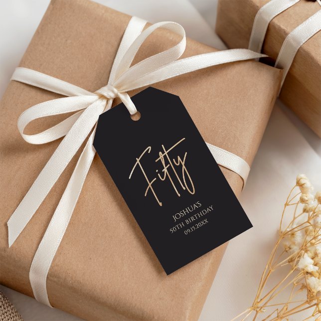 Elegant svart och guld 50-årsfirande födelsedagsfe presentetikett (Elegant Black and Gold 50th Birthday Party Gift Tags)