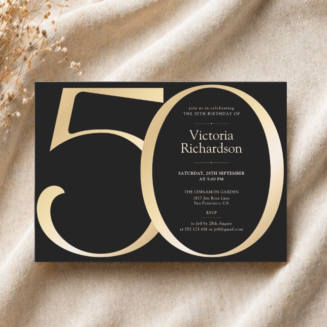 Elegant svart och guld 50-årsfirande inbjudningar (Elegant Black and Gold 50th Birthday Invitation)