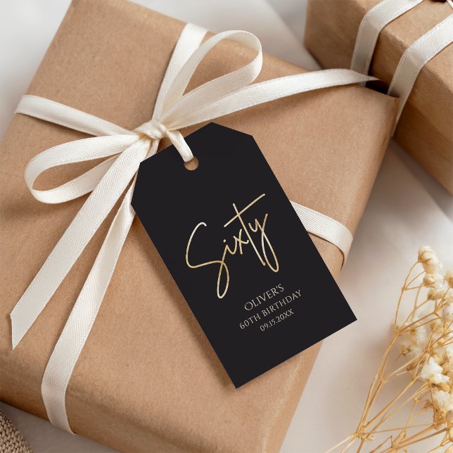 Elegant svart och guld 60-års födelsedagsfest presentetikett (Elegant Black and Gold 60th Birthday Party Gift Tags)