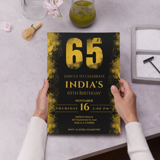 Elegant, svart och Guld 65e, Födelsedagsfest Inbjudningar (Skapare uppladdad)