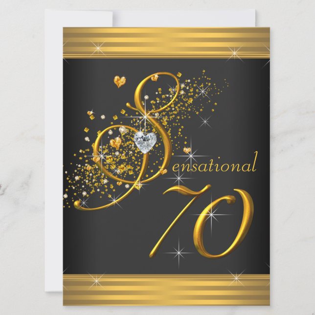 Elegant svart och guld 70-årsfest inbjudningar (Framsida)
