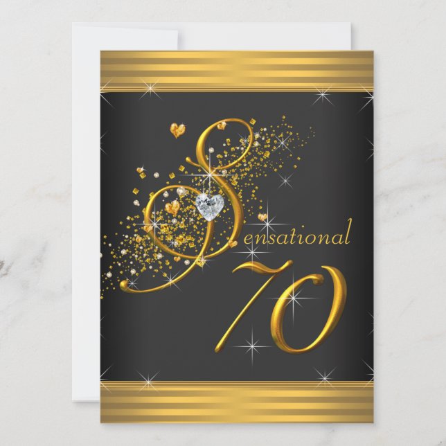 Elegant svart och guld 70-årsfest inbjudningar (Framsida)