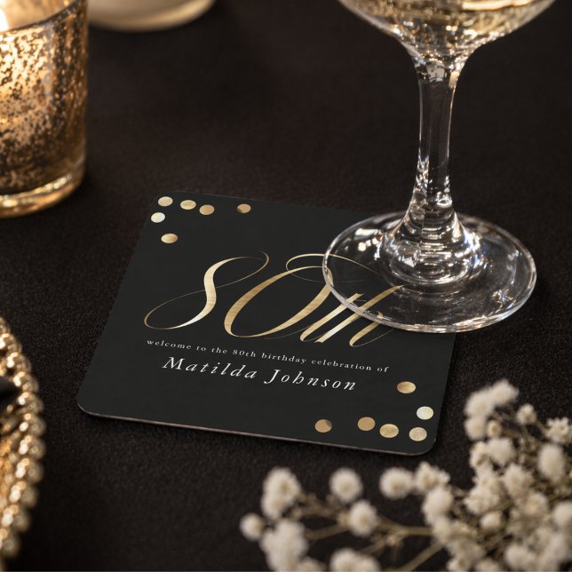 Elegant svart och guld 80-årsdag underlägg papper kvadrat (Elegant Black and Gold 80th Birthday Square Paper Coaster)
