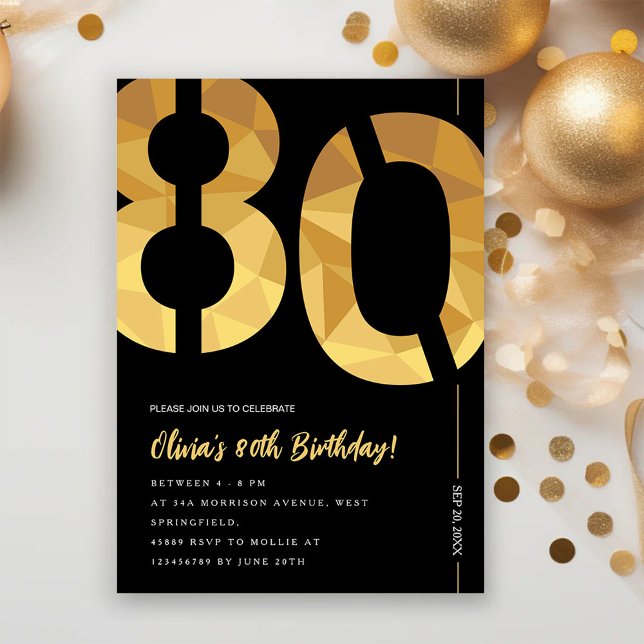 Elegant svart och guld 80-årsfest inbjudningar (Skapare uppladdad)
