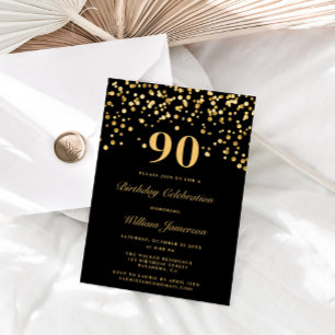 Elegant Svart och Guld 90 90:e födelsedag Inbjudningar
