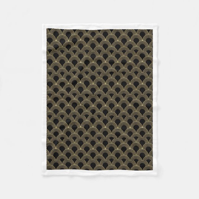 Elegant svart och guld Art Deco fläktsmönster flee Fleecefilt (Framsidan)