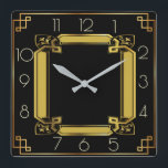 Elegant svart och guld art deco fyrkantig klocka<br><div class="desc">Underbar klockdesign. Du kommer att kärlek det som andra. Du kan fritt använda den här designen för andra produkter som du vill anpassa och lägga till texten. Följ mig för mer. Tack. Ha en trevlig dag.</div>