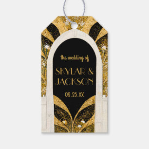 Elegant svart och guld Art Deco valvbröllop Presentetikett