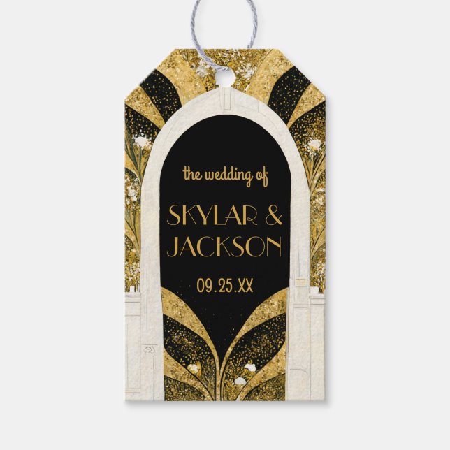 Elegant svart och guld Art Deco valvbröllop Presentetikett (Framsidan)