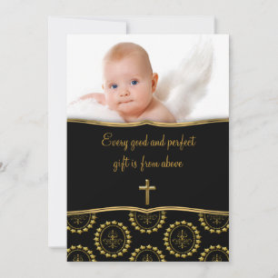 Elegant svart och guld baby fotokristning inbjudningar