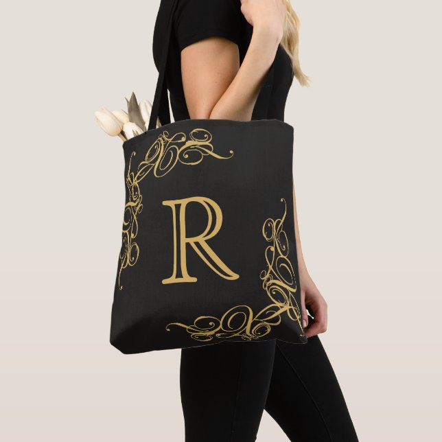 Elegant svart och guld barock monogram handväska tygkasse (Närbild)