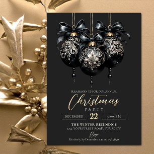 Elegant svart och guld baubles lyxjul inbjudningar