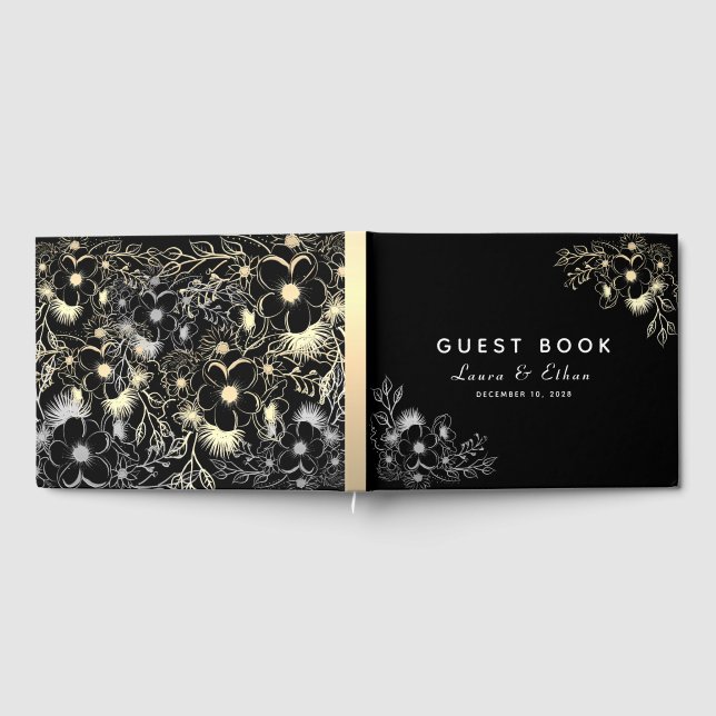 Elegant svart och guld blommig bröllop gästböcker (Full)