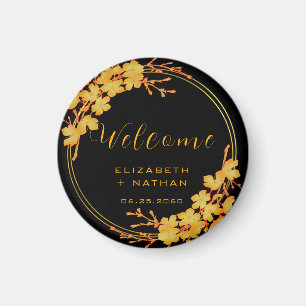 Elegant svart och guld blommig brölloppshälsning magnet