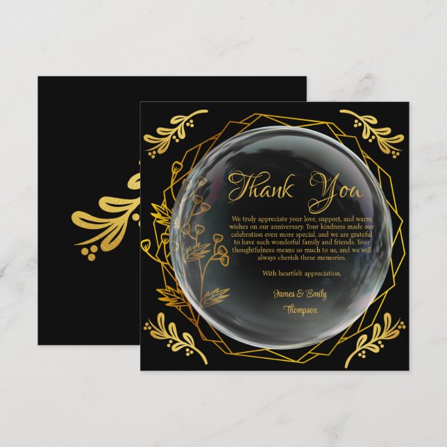 Elegant svart och guld blommig bröllops årsdagssti tack kort (Fram/baksida)