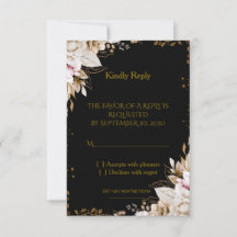Elegant svart och guld blommig bröllops-RSVP-kort