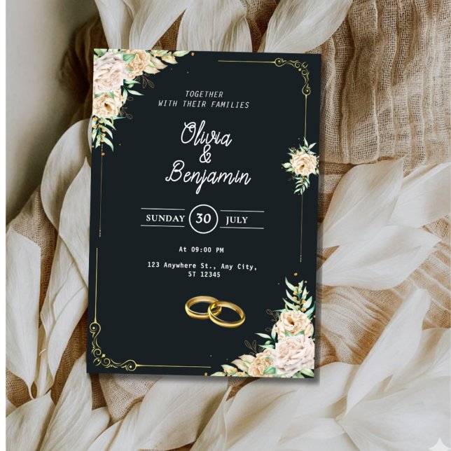 Elegant svart och guld blommig bröllopsinbjudan inbjudningar (Skapare uppladdad)