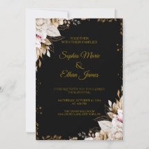Elegant svart och guld blommig bröllopsinbjudan