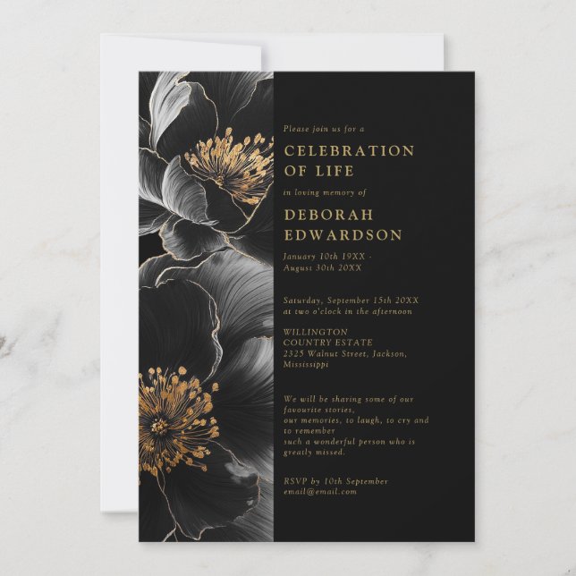Elegant svart och guld blommig firande av livet inbjudningar (Framsida)