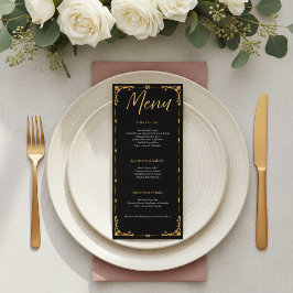Elegant svart och guld blommig menykort för bröllo meny
