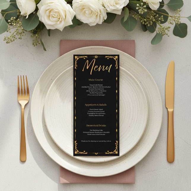 Elegant svart och guld blommig menykort för bröllo meny (Skapare uppladdad)