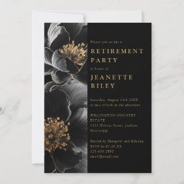 Elegant svart och guld blommig pensionsfest inbjudningar