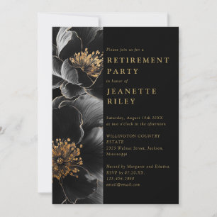 Elegant svart och guld blommig pensionsfest inbjudningar