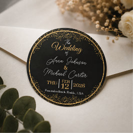 Elegant svart och guld blomsterbröllop runt klistermärke