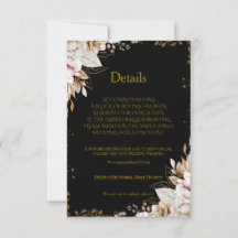 Elegant svart och guld blomsterbrölloppsdetaljkort