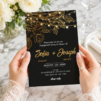 Elegant svart och guld blomsterförlovningsfest inbjudningar