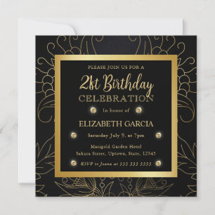 Elegant svart och guld botanisk 21-årsdag inbjudningar