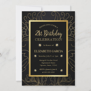 Elegant svart och guld botanisk 21-årsdag inbjudningar