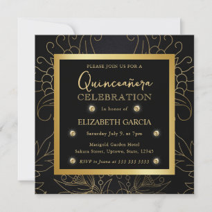 Elegant svart och guld botanisk Quinceanera Inbjudningar