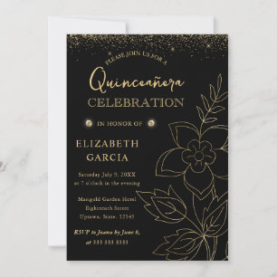 Elegant svart och guld botanisk Quinceanera Inbjudningar